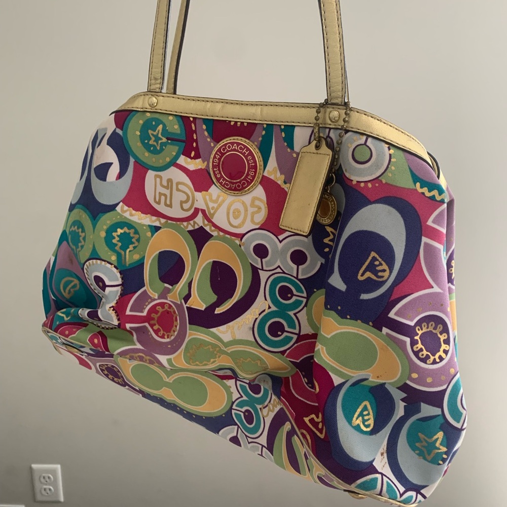 Coach Multicolor Graphic Print Shoulder Bag with Gold Trim